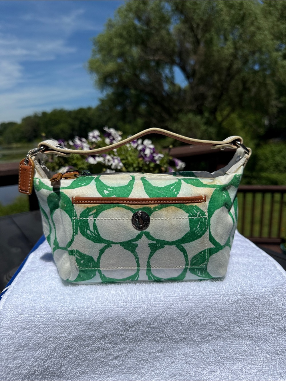 Coach Green and Cream Signature Canvas Shoulder Bag with Leather Trim
